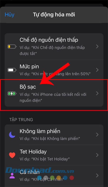 Chọn mục Bộ sạc
