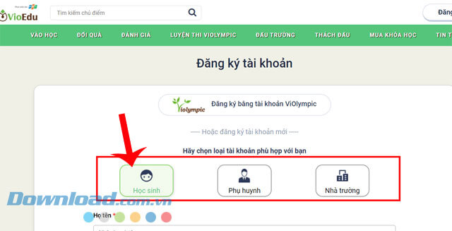 Chọn đối tượng đăng ký tạo tài khoản