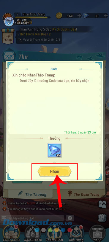 Chạm vào nút Nhận