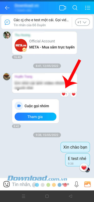 Chạm và giữ tin nhắn đã thả tim