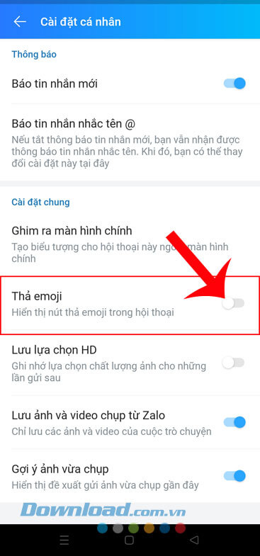 Gạt và tắt công tắt tại mục Thả Thả emoji