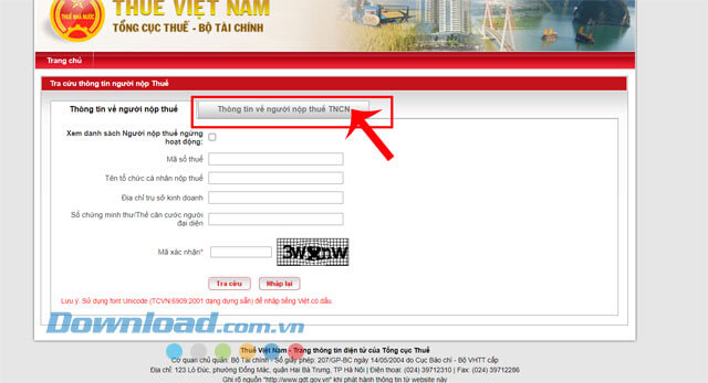 Nhấn vào mục Thông tin về người nộp thuế TNCN