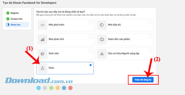 Chọn vai trò của mình > Nhấn nút Hoàn tất đăng ký