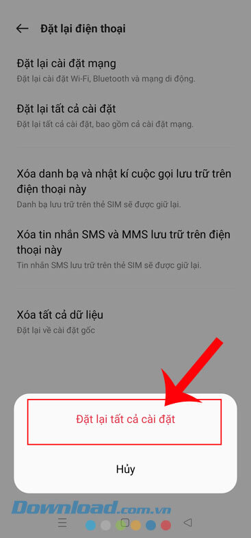 Chạm vào nút Đặt lại tất cả cài đặt
