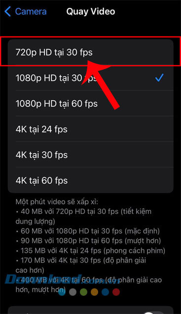 Chọn định dạng 720p HD tại 30 fps