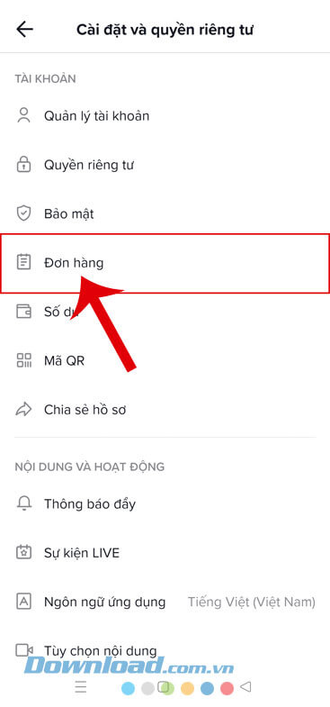 Chạm vào mục Đơn hàng