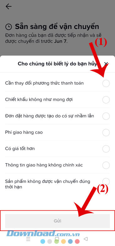 Chọn lý do mà mình muốn hủy đơn hàng