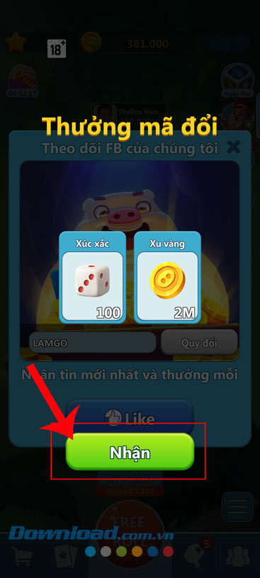 Chạm vào nút Nhận