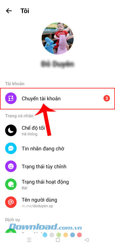 Nhấn vào mục Chuyển tài khoản