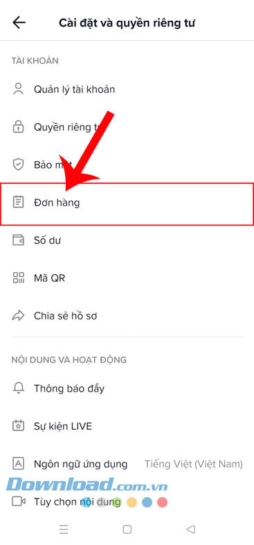 Ấn vào mục Đơn hàng