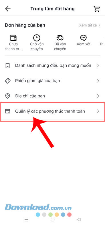 Nhấn vào mục Quản lý phương thức thanh toán