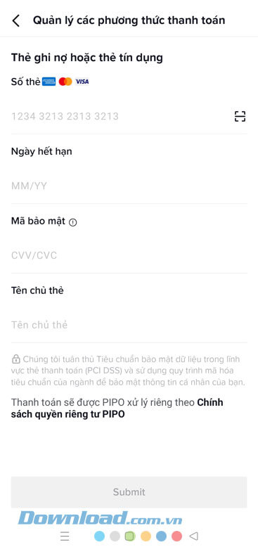 Nhập thông tin về thẻ tín dụng/thẻ ghi nợ