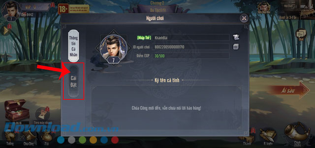 Chạm vào mục Cài đặt