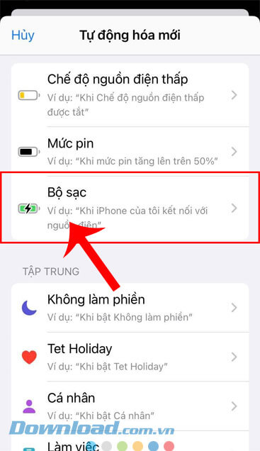 Chạm vào mục Bộ sạc