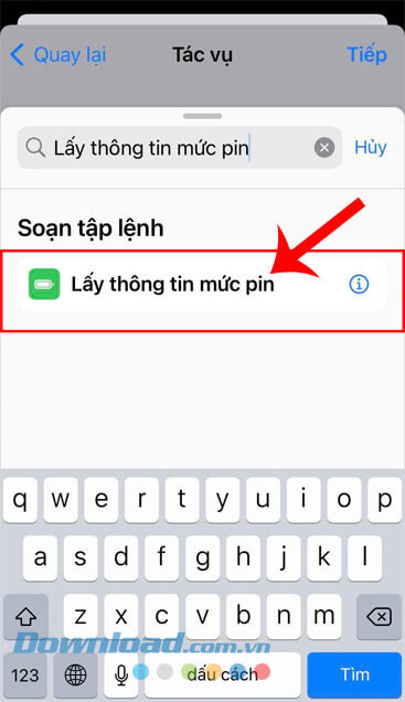 Nhấn vào mụ Lấy thông tin mức pin