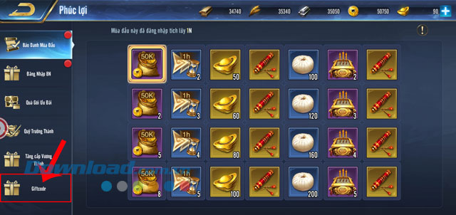 Chạm vào mục Giftcode