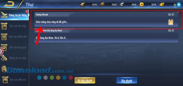 Chạm vào mục Thưởng giftcode