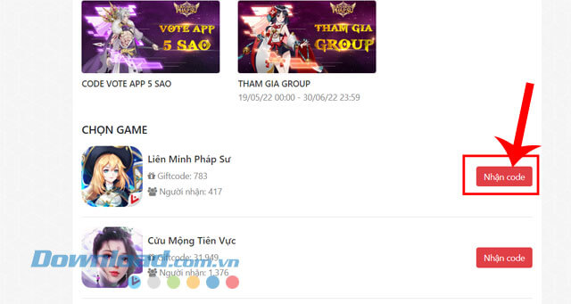 Ấn nút Nhận code