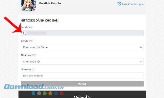 Nhập tên máy chủ, tên nhân vật, mã code