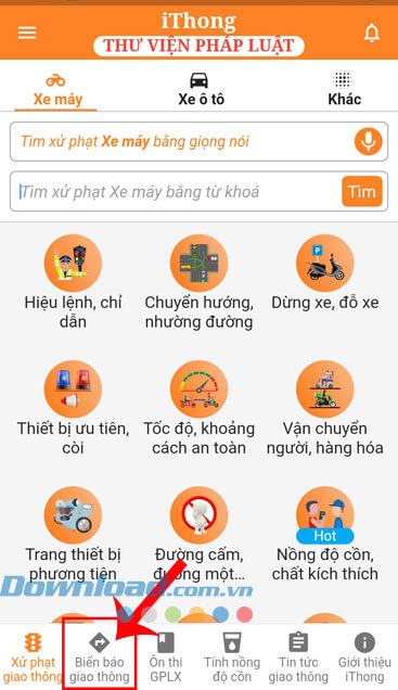 Chạm vào mục Biển báo giao thông