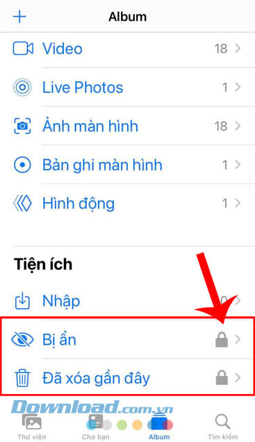 Đã bảo mật Album bị ẩn và Đã xóa gần đây