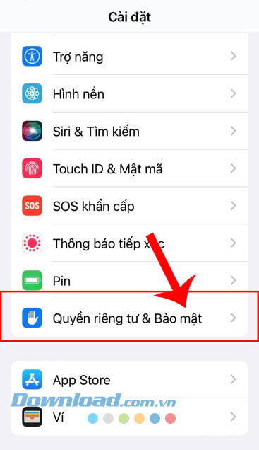 Chạm vào Quyền riêng tư & Bảo mật