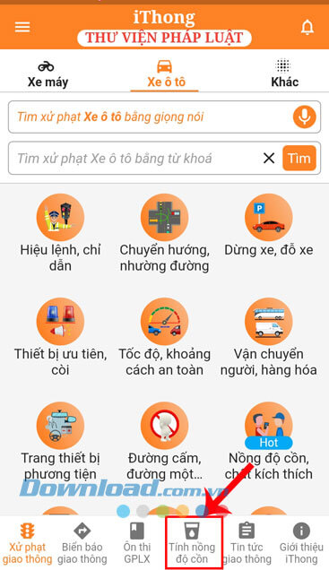Ấn vào mục Tính nồng độ cồn