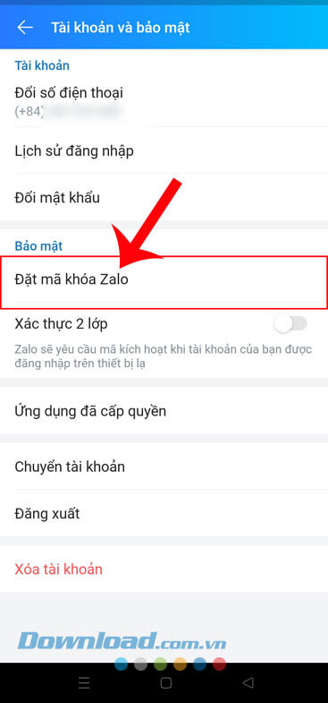 Chạm vào mục Đặt mã khóa Zalo
