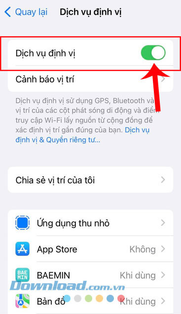 Gạt công tắc tại mục Dịch vụ định vị