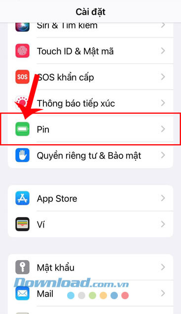 Chạm vào mục Pin