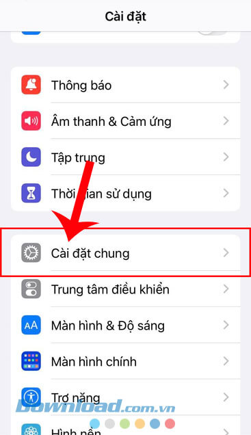 Nhấn vào mục Cài đặt chung
