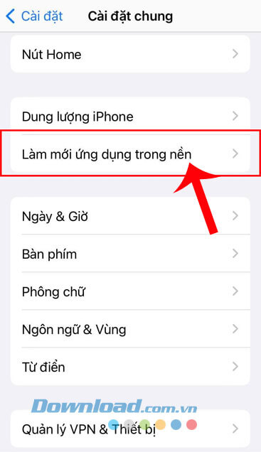 Ấn vào mục Làm mới ứng dụng trong nền