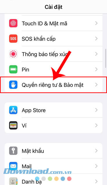 Chạm vào mục Quyền riêng tư và Bảo mật