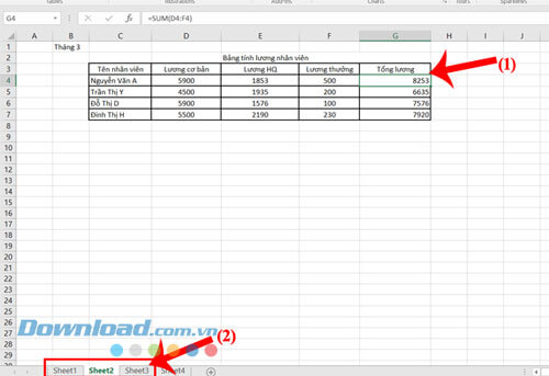 Tính tổng các ô trong nhiều bảng tính