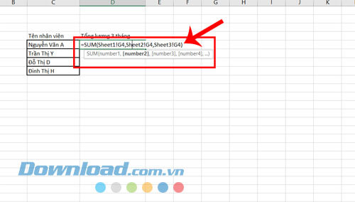 Cú pháp tính tổng các ô trong nhiều bảng tính