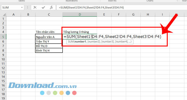 Tính tổng vùng chọn trong nhiều bảng tính cùng lúc
