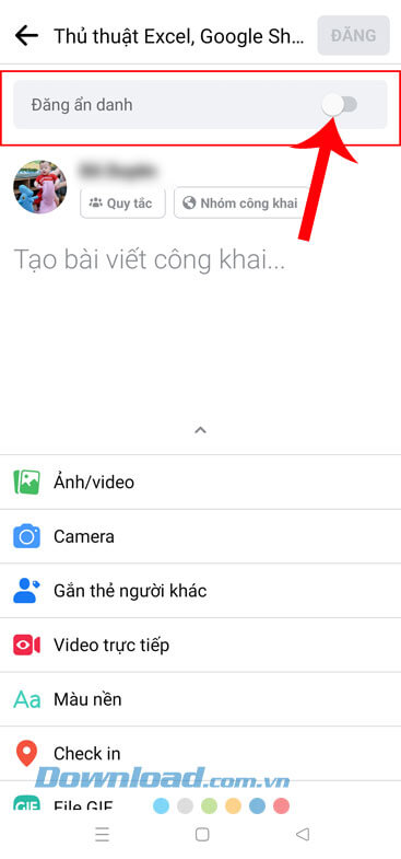 Bật công tắc Đăng ẩn danh