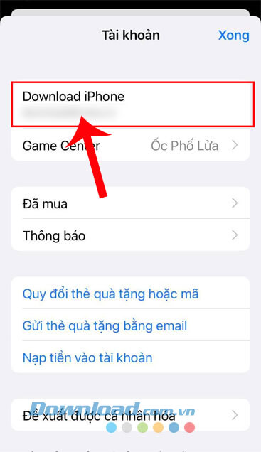 Nhấn vào tài khoản iCloud