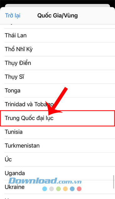 Nhấn vào mục Trung Quốc Đại Lục