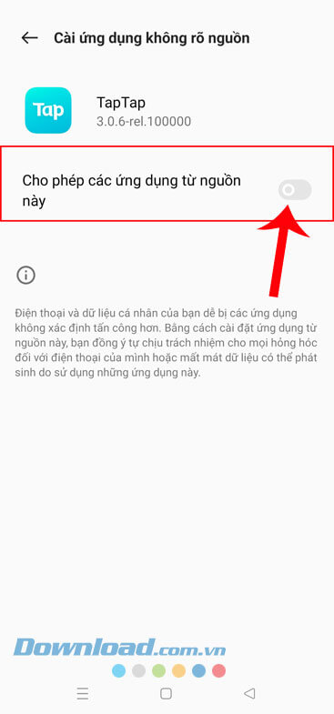Bật công tắc tại mục  Cho phép các ứng dụng từ nguồn này