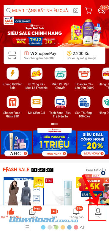 Ấn vào biểu tượng tài khoản