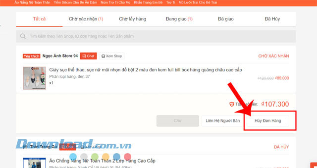 Nhấn vào nút Hủy đơn hàng