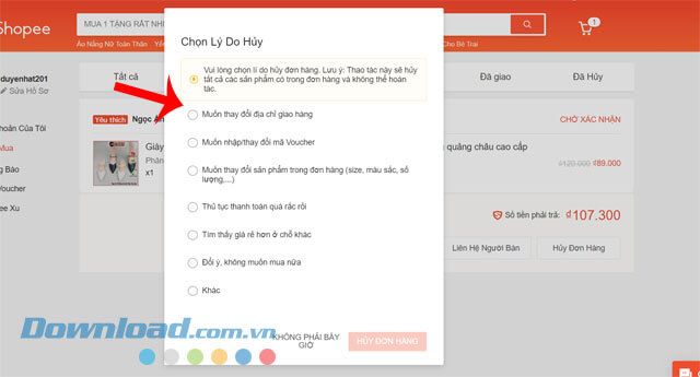 Chọn lý do muốn hủy đơn hàng