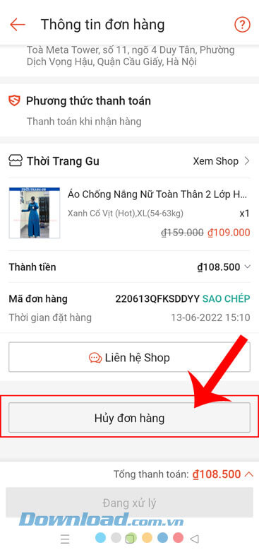 Ấn vào nút Hủy đơn hàng