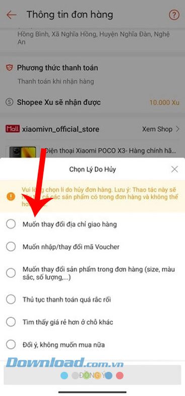 Chọn lý do muốn hủy