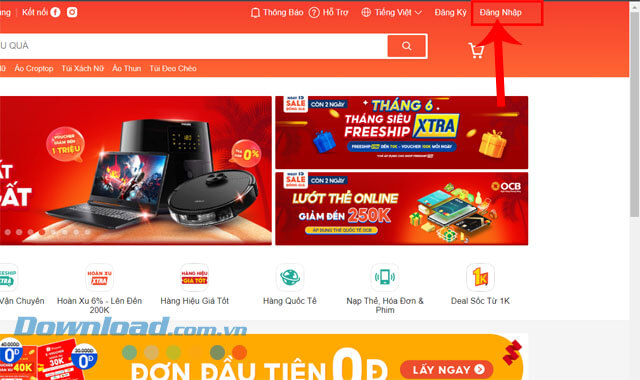 Nhấn vào nút Đăng nhập