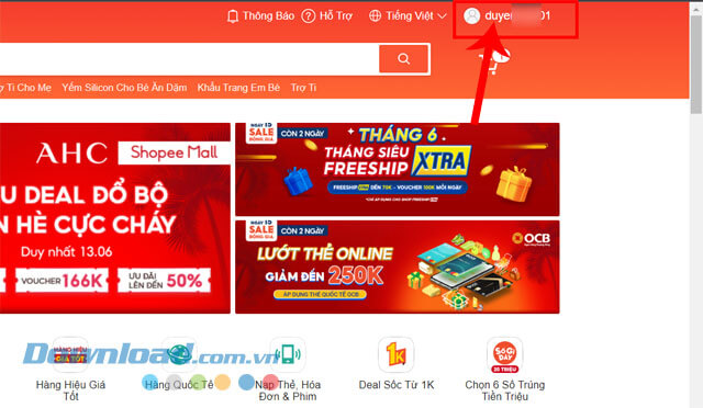 Click chuột vào tài khoản Shopee