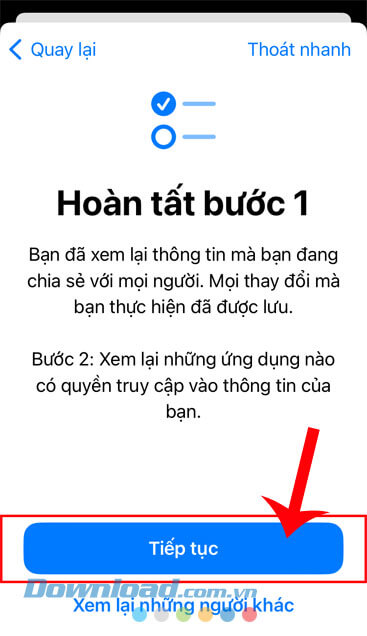 Chạm vào nút Tiếp tục