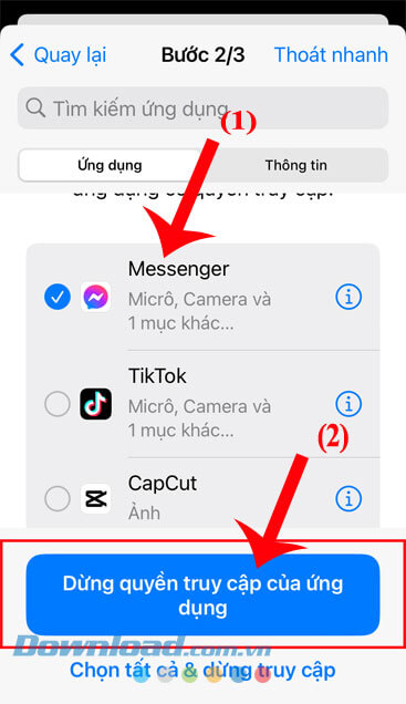 Nhấn vào nút Dừng quyền truy cập của ứng dụng