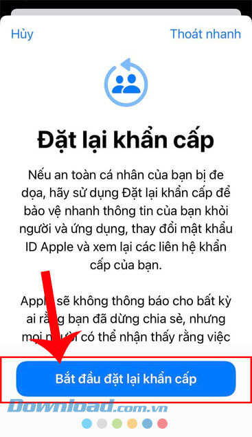 Nhấn vào nút Bắt đầu đặt lại khẩn cấp